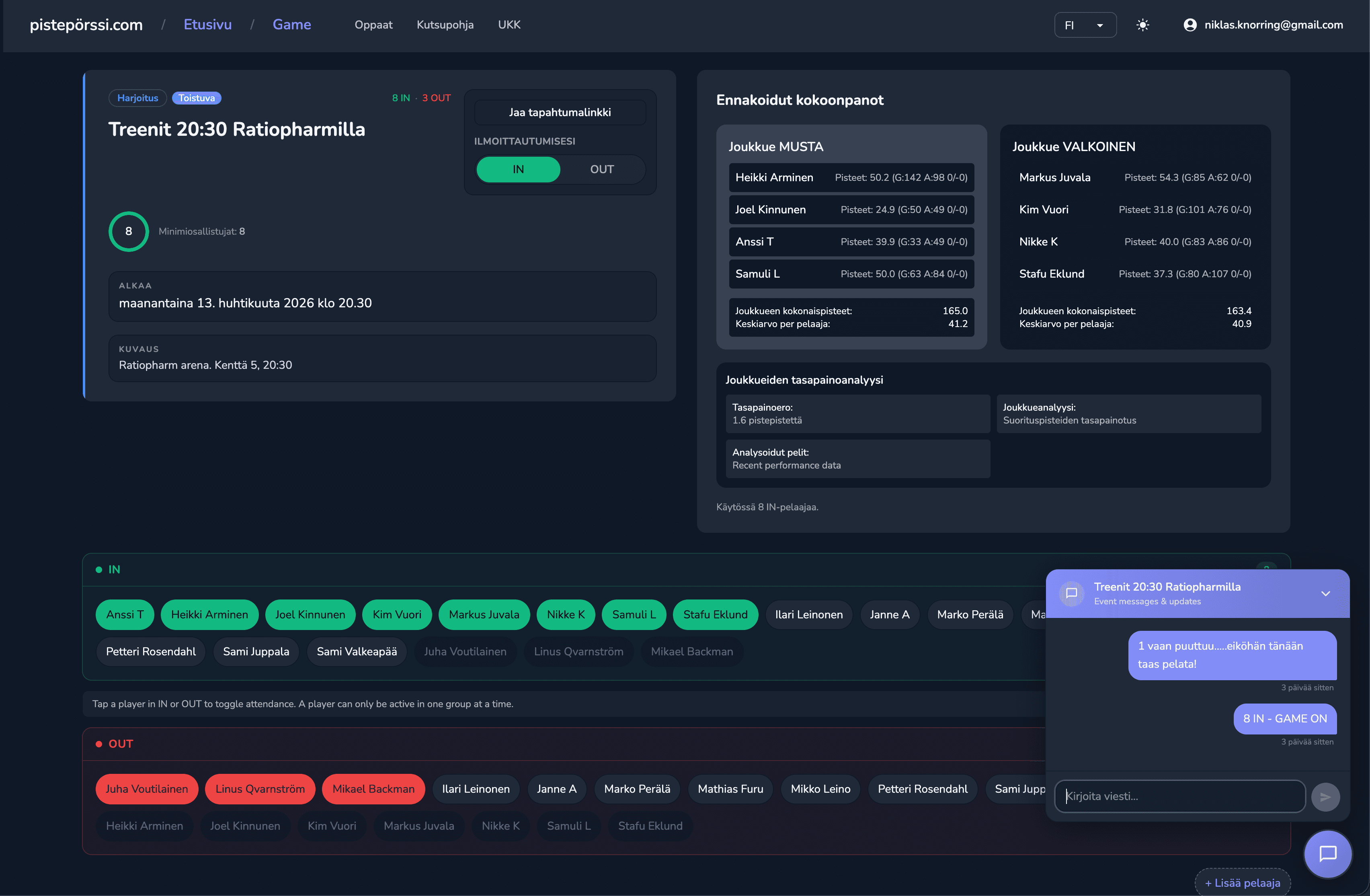 Joukkuekalenteri tapahtumakorteilla ja osallistumistiedoilla